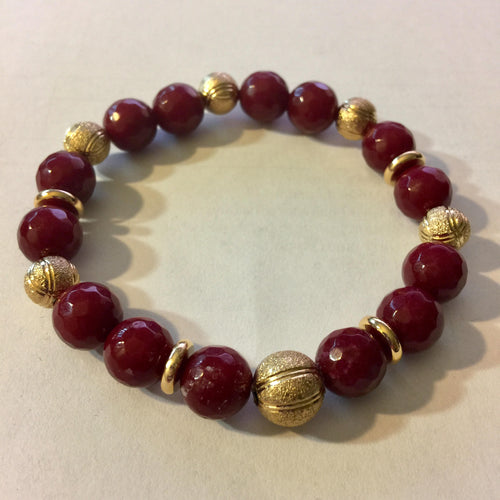 Lhb0055 Real Stone Bracelet Red Jade 10mm Gold Plated Rondels with Gold Electroplated Spacers