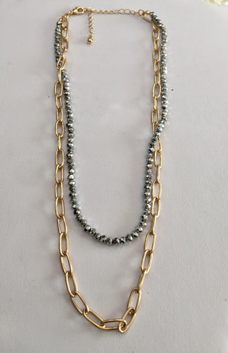 Lhn062 Fashion Necklace Crystal Grey &Gold  Paper Clip