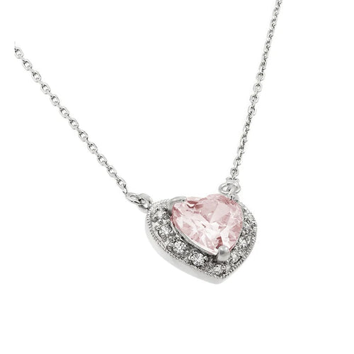 Lhn00911 Sterling Silver Necklace Heart Pink Stone October