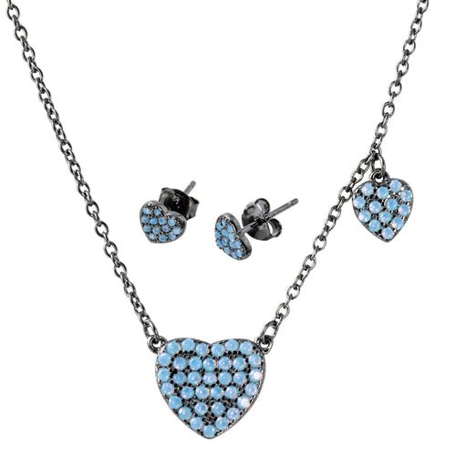 Lhset005159 Sterling Silver Set Heart Necklace  with Charm & Earring Blue Stones
