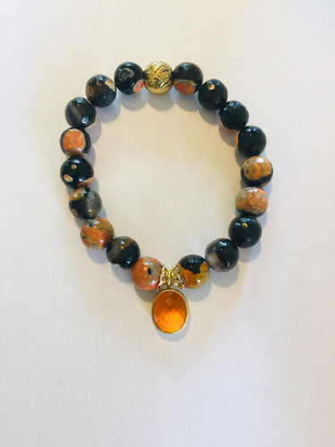 Lhb00020 Real Stone Bracelet Agate Black & Orange 10mm