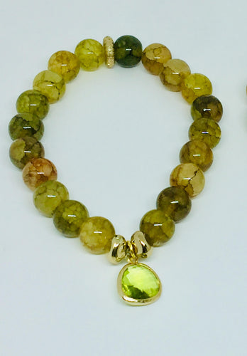 Lhb00022 Real Stone Bracelet Yellow Green Crackle 12mm Bead Stretch Hand Made