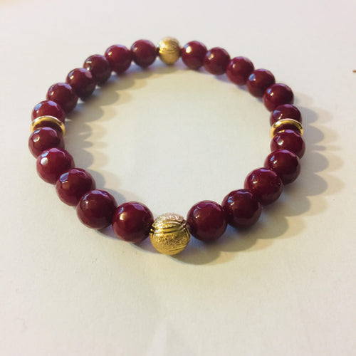 Lhb0058 Real Stone Bracelet Red Jade 8 MM Gold Plated Rondel & Gold Electroplated Spacers