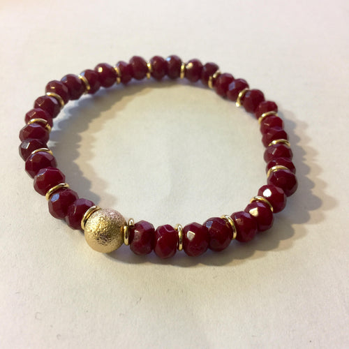 Lhb0059 Real Stone Bracelet Red Jade Facetted 6mm Gold Plated Rondel & Gold Electroplated Spacers