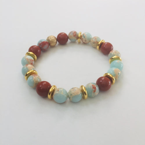 Lhb00779 Real Stone Bracelet Green Aqua Terra Jasper & Red Jasper 10mm Hand Made In Los Angeles