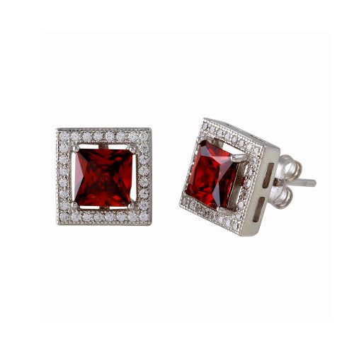 LHE00632 *Sterling Silver Square Red cubic zirconia Stud Halo  Earring