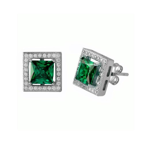 LHE00632* Sterling Silver Square Green Emerald Cz Halo stud earring