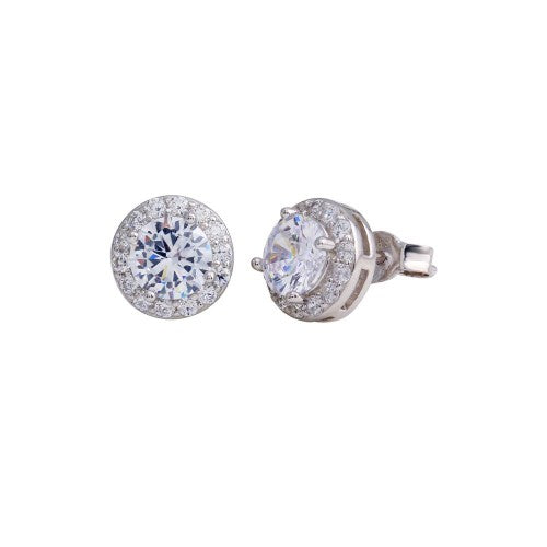 LHE1183 Round Sterling Silver halo  cubic zirconia post earrings