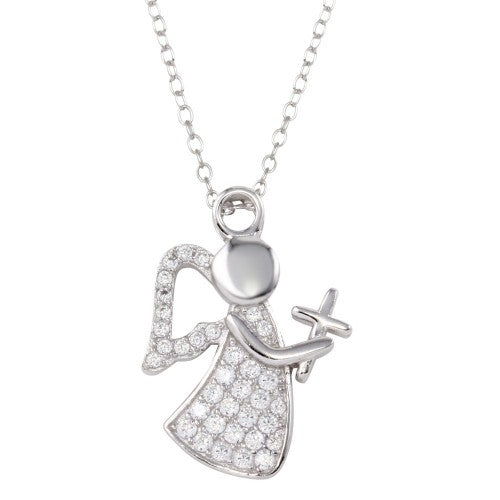 LHp01663*Sterling Silver Angel  holding  cross necklace