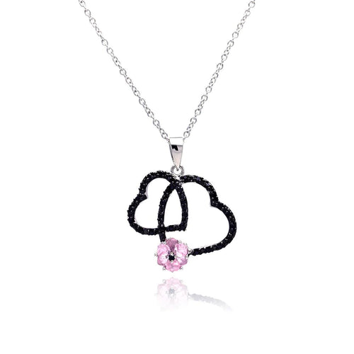 Lhp001389 Sterling Silver Heart Necklace Black Cz STones Pink Flower