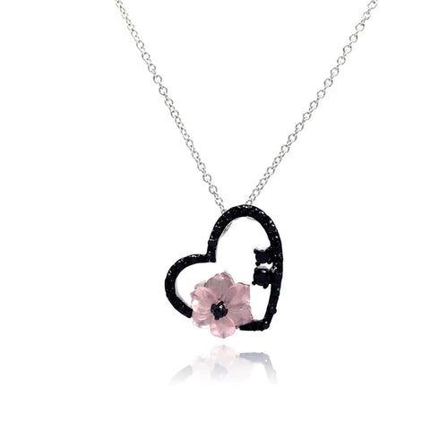 Lhp001399 Sterling Silver Heart Necklace Black Cz Pink  Flower