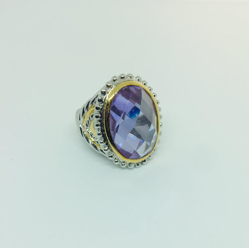 Lhr0009 Sterling Silver Ring Oval Amethyst Cz with Gold Plate large ring