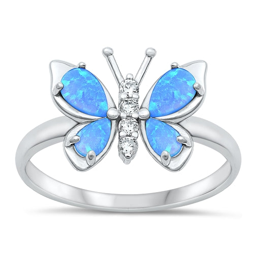 Lhr1510419 Sterling Silver Ring Blue Lab Opal Butterfly & cz