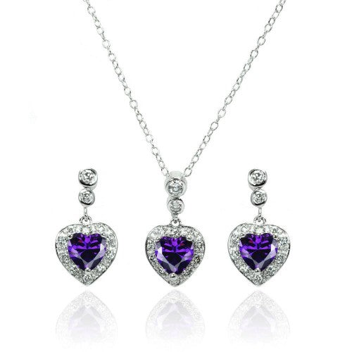 LHS00369 Sterling Silver Amethyst Heart dangle set