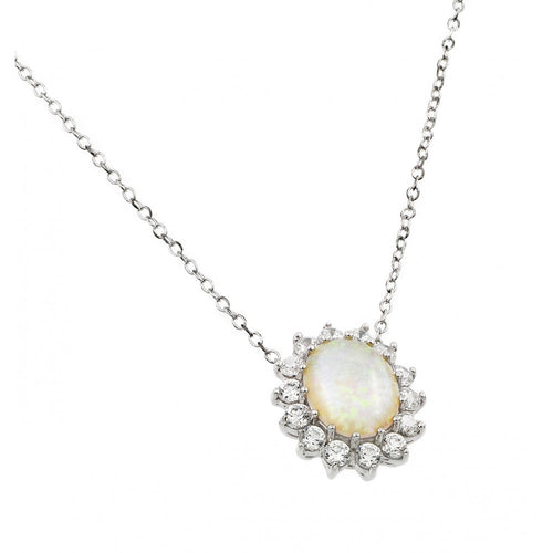 Lhp01409 Sterling Silver Oval Synthetic Opal and cz Necklace